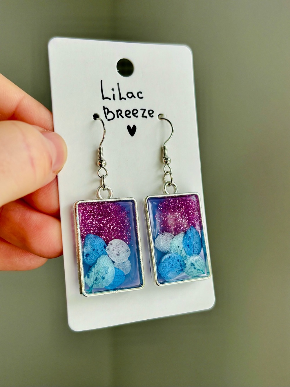 Lilac Breeze Resin Rectangle Earrings Handmade Real Dried Flower Botanical